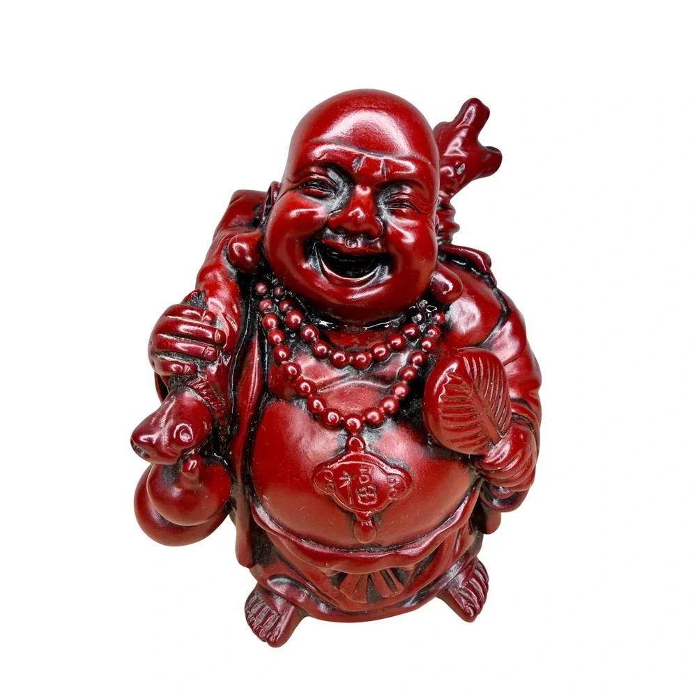 Vintage Red Cinnabar‎ Resin Laughing Buddha Hotei Statue Good Luck Figurine 5